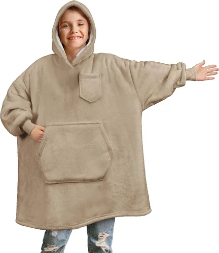 Miniatura 15 de PAVILIA Sudadera Manta Ponible para Niños y Niñas, Sudadera con Capucha Gigante Cálida y Acogedora, Forro Polar Sherpa con Capucha y Mangas de Gris