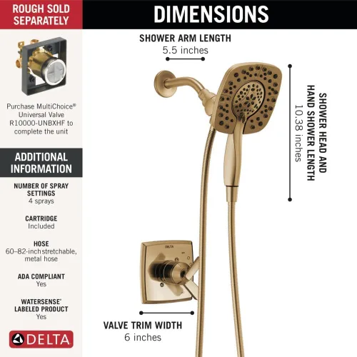 Miniatura 3 de Delta Ashlyn Serie 17 - Juego de grifo de ducha de doble función con cabezal de ducha dual 2 en 1 In2ition con rociador de mano, kit de ajuste