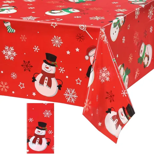 Miniatura 8 de Irenare 1 pieza de mantel de Navidad con muñeco de nieve de invierno, cubierta de mesa de muñeco de nieve de plástico desechable con copo de nieve