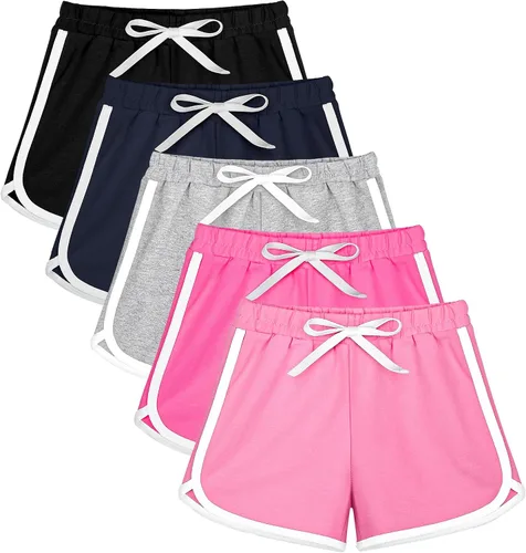 Resinta Paquete de 5 pantalones cortos deportivos de algodón para niñas, pantalones cortos de correr activos, pantalones cortos de verano para niños