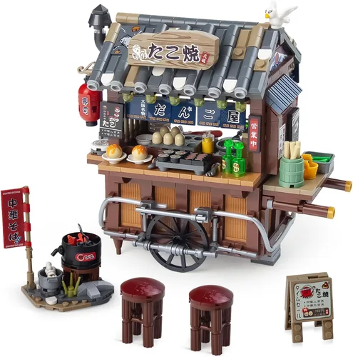 Kit de bloques de construcción en miniatura de vista callejera japonesa - Carretilla de takoyaki, juguete de tienda de marca japonesa en miniatura