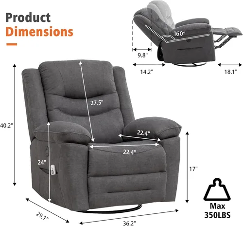 Miniatura 2 de Ketaiyou Sillón reclinable eléctrico giratorio con masaje y calor, puerto USB, posición infinita, mecedoras eléctricas de gran tamaño para sala