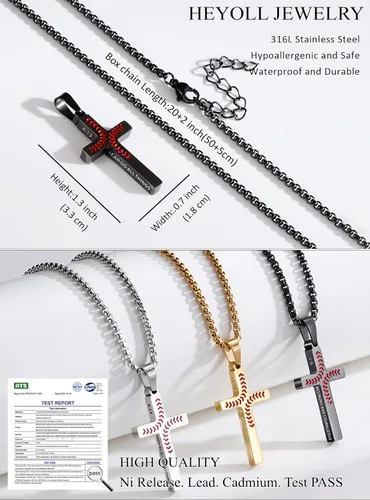 Miniatura 5 de Regalos de Pascua para niños y adolescentes, collares de cruz de béisbol para niños y hombres, de acero inoxidable que no destiñe, collar