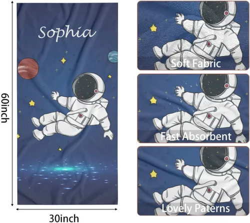 Miniatura 7 de Toalla de playa de astronauta de luz azul personalizada con nombre, toallas de baño a prueba de arena para natación y deporte, 30 x 60 pulgadas