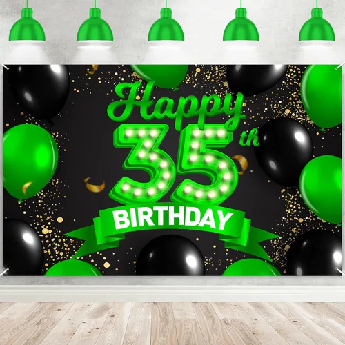 Miniatura 77 de Cartel de feliz cumpleaños 26 verde y negro, telón de fondo con texto en inglés "Cheers to 26 years old confeti", globos de confeti, decoración