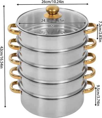 Miniatura 2 de Vaporizador de 10.2 x 16.5 in/10.24 x 16.54 pulgadas, olla de vapor de acero inoxidable de 5 niveles con tapa transparente y asas doradas