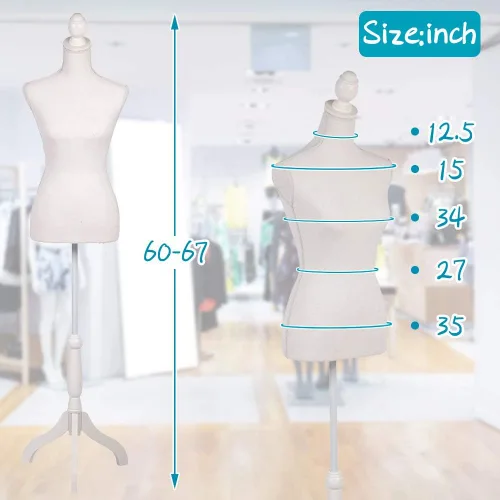 Miniatura 6 de Dkeli Maniquí de torso con base de trípode de madera, apto para clavar alfileres, para vestido de mujer, con altura ajustable de 60 a 67 pulgadas