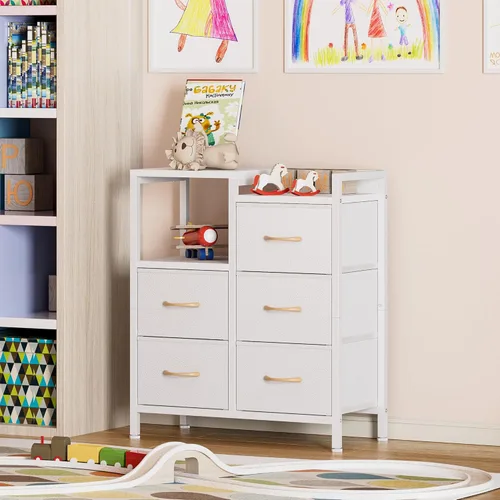 Miniatura 2 de Furnulem Cómoda blanca de 5 cajones para dormitorio, estante de 2 niveles, cómoda de tela pequeña para armario, marco de metal resistente, gabinetes