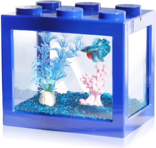 Miniatura 10 de Pequeño tanque de peces Betta, mini tanque apilable de pecera, kit de tanque de acuario rectangular de 3/5 galones con decoración de grava