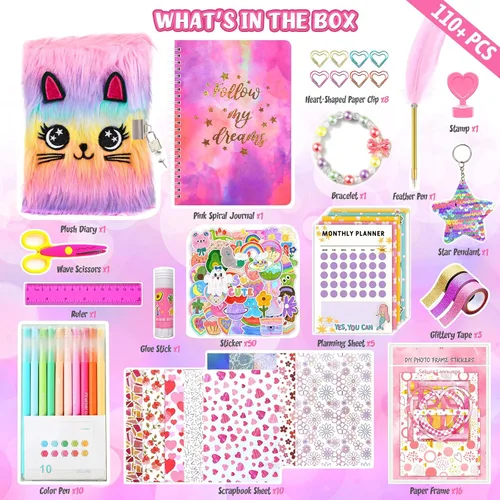 Miniatura 3 de Paquete de 2 Kits de Diario DIY para Niñas de 8-12, 13, 14 Años, Regalos de Cumpleaños para Niñas Adolescentes, 110 Piezas de Lindos Suministros