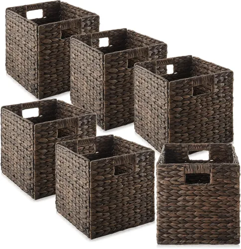 Casafield Cestas de almacenamiento de jacinto de agua de 10.5 x 10.5 pulgadas, color espresso, juego de 6 organizadores de cubos plegables,