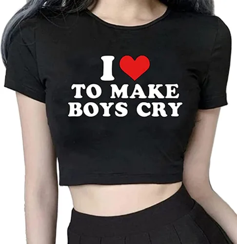 Kavousa Camiseta corta con texto en inglés "I Love My Boyfriend" de manga larga Y2K, camiseta de gran tamaño para mujeres, adolescentes y niñas
