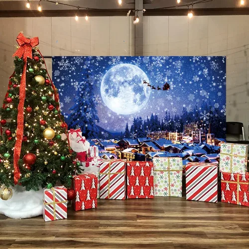 Miniatura 2 de Telón de fondo de 2,1 x 1,5 m para pueblo navideño, nieve invernal, cielo nocturno, montaña, Santa, fondo para fotografía, decoración para fiesta