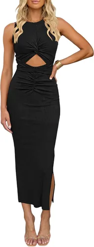 Miniatura 9 de oten Vestido largo sexy para mujer, fruncido, sin mangas, con nudo y abertura, acanalado, para fiesta, club, salida nocturna