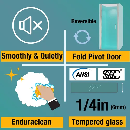 Miniatura 5 de ExBrite Puerta de ducha pivote sin marco de 34-35.5 pulgadas de ancho x 72 pulgadas de alto, puertas de ducha pivotantes de vidrio transparente