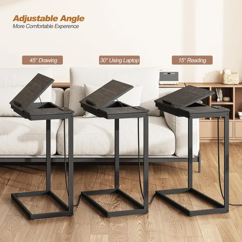 Miniatura 4 de TUTOTAK Mesa auxiliar en forma de C con estación de carga, mesa auxiliar inclinable para computadora portátil, mesa debajo del sofá para sala