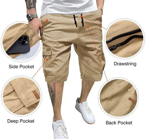 Miniatura 7 de JMIERR Pantalones cortos de sarga para hombre con cordón de algodón clásico elástico con 6 bolsillos