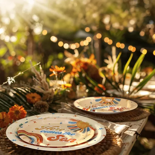 Miniatura 9 de Here Comes the Son - Suministros para baby shower para 20 invitados – Platos boho Sun y Rainbow Platos, servilletas y tenedores – Juego de vajilla