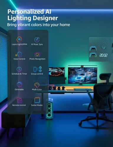 Miniatura 9 de Lepro SE1 AI - Tira de luces LED inteligentes – Tiras de luz RGB que cambian de color de 16.4 pies con control de aplicación, iluminación generada