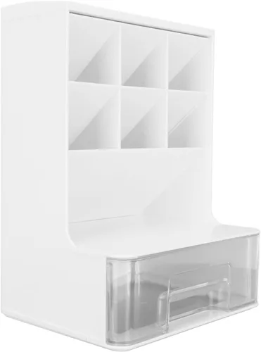 Miniatura 8 de Wnvivi Organizador de bolígrafo inclinado, soporte para bolígrafo de escritorio, soporte para brochas de maquillaje con cajón, organizador Rosa