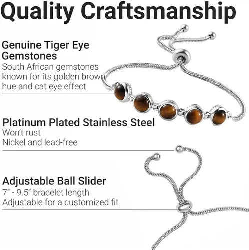 Miniatura 3 de Shop LC Tiger Eye Bolo Bracelet - Platinum Plated Stainless Steel Adjustable Gemstone Bracelet - Ball Slider Bracelet for Women Costume Jewelry for
