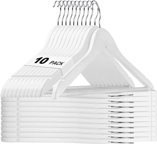 HOUSE DAY - Juego de 10 perchas de madera blanca, percha de madera maciza con barra antideslizante, percha de abrigo de madera resistente para Blanco