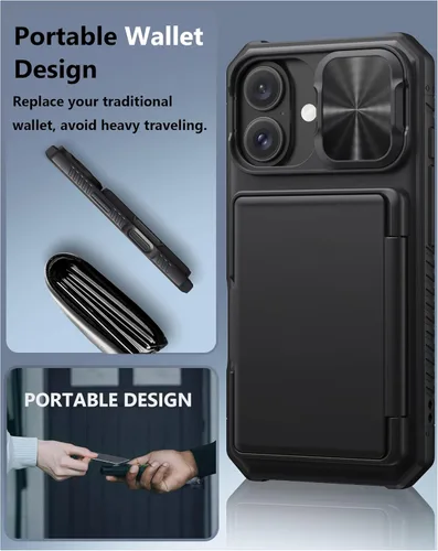 Miniatura 6 de ATATOO Funda para iPhone 16 con tarjetero (almacena 3-5 tarjetas) [bloqueo RFID] y funda para cámara deslizante, protección de grado militar, funda