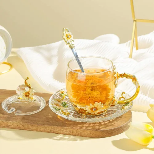 Miniatura 2 de Regalo para Mujeres Navidad Cumpleaños Día de la Madre Taza de Té de Vidrio con Tapa Bonita Taza de Café Margarita Flor Vintage (11oz YellowDaisy)