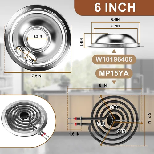 Miniatura 5 de W10196405 (20 cm) W10196406 (15 cm) Bandejas de goteo para quemador de estufa eléctrica y conjunto de elemento de quemador de rango eléctrico MP22YA