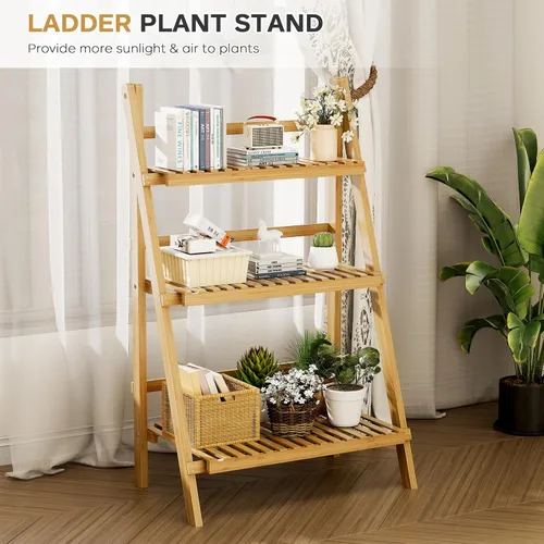 Miniatura 8 de OAKVIVO - Estantería de escalera plegable de 39.4", Estantería de bambú de 3 niveles, para macetas, estante de exhibición en forma de escalera