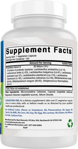 Miniatura 6 de Best Naturals Probiotic 10 cepas 30 mil millones de almacenamiento estable 120 cápsulas vegetales (120 unidades (paquete de 3))