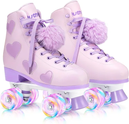 Ruthfot Patines clásicos para mujeres y niñas con ruedas iluminadas y patrón de corazón de amor, patines de cuero PU de caña alta.. Púrpura