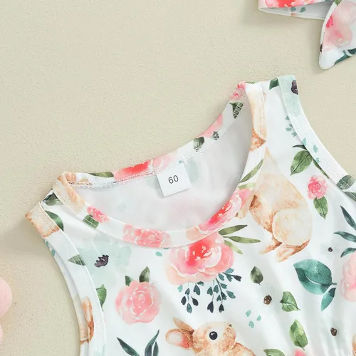 Miniatura 5 de AEEMCEM Traje de Pascua para bebé recién nacida, con estampado floral, sin mangas, con borla, mameluco de una pieza con diadema