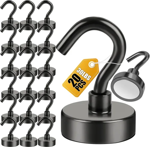 Miniatura 33 de Diymag Ganchos magnéticos, resisten 80 lb, 20 unidades, neodimio de tierras raras fuertes para colgar, colgador magnético para cortina, hogar, Negro