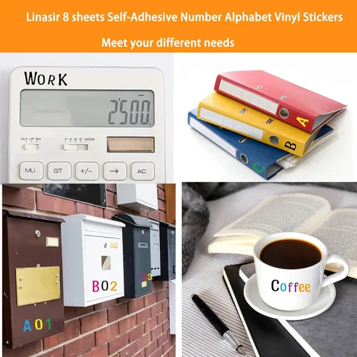 Miniatura 8 de 8 hojas de calcomanías de letras, 1008 calcomanías del alfabeto, letras autoadhesivas de vinilo de 1 pulgada, calcomanías de alfabetos negros ABC