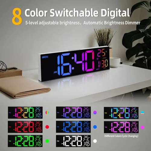 Miniatura 4 de HAITANG Reloj de pared digital de 8 colores, reloj digital grande de 16.2 pulgadas con temperatura, fecha, DST automático, luz nocturna, atenuador
