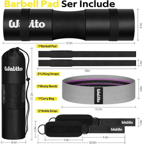 Miniatura 2 de WALITO 8Pcs Barbell Pad Set for Hip Thrust - Squat Pad,Gym Accessories for Women with Bar Bad,Bench Press, with Gym Ankle Straps,Resistance Bands