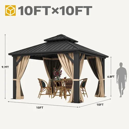 Miniatura 6 de DWVO Gazebo de techo rígido de 10 x 10 pies, techo doble con redes y cortinas, techo de rayas verticales de acero galvanizado resistente para patio