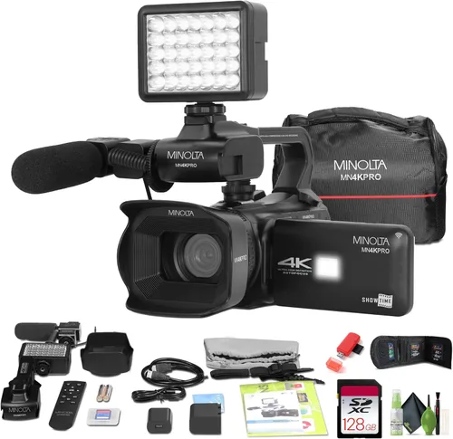 Minolta MN4KPRO 4K60FPS UHD 64 MP Autofocus Pro Kit de videocámara con paquete WiFi con tarjeta de memoria de 128 GB + kit de limpieza + cartera de