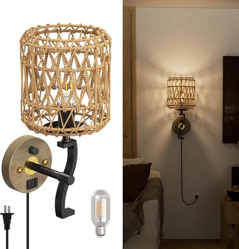 Miniatura 10 de N12-3 Aplique de pared de ratán bohemio de dos luces, accesorios de tocador para espejo, pantalla tejida en cruz y lámpara de pared cableada