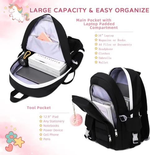 Miniatura 3 de Mochila para niñas, mochila escolar para laptop de 15.6 pulgadas, mochila grande para primaria, primaria, escuela media, mochilas para niños