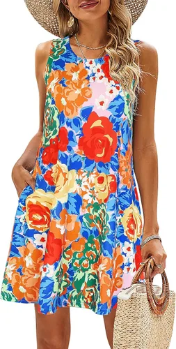 Miniatura 105 de SimpleFun - Vestidos de verano para mujer, camiseta floral, vestido de playa de estilo bohemio, informal, con bolsillos y sin mangas