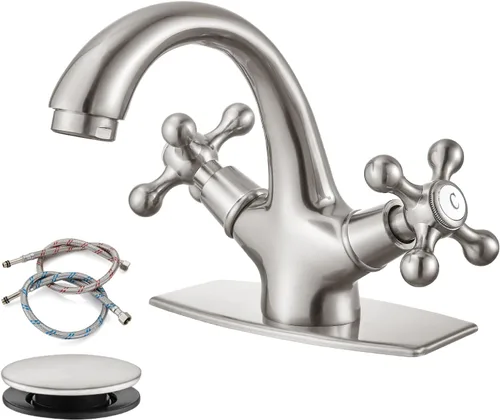Miniatura 12 de gotonovo Grifo de lavabo de baño de un solo agujero, doble mango cruzado, pomos mezcladores para lavabo con drenaje desplegable y placa de cubierta