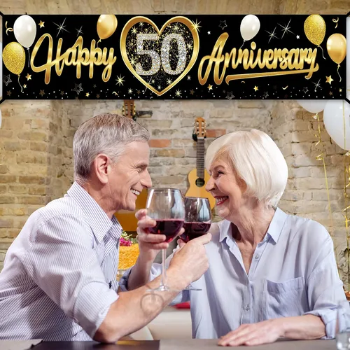 Miniatura 5 de Cartel de feliz 50 aniversario de boda, decoración de cartel de 50 aniversario de oro negro, suministros de fiesta, cabina de fotos para interiores