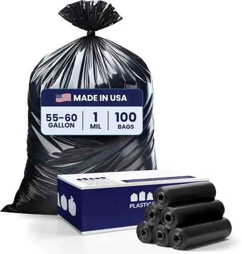 Plasticplace Bolsas de basura de 55-60 galones │ 1.0 mil │ Revestimientos negros resistentes para botes de basura │ 38 pulgadas x 58 pulgadas (100
