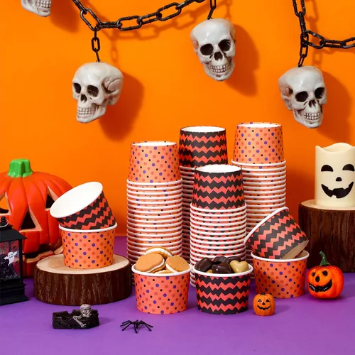 Miniatura 6 de Tanlade 100 vasos desechables de calabaza de Halloween de 8 onzas, tazas de papel de esqueleto, cuencos para dulces, suministros de fiesta
