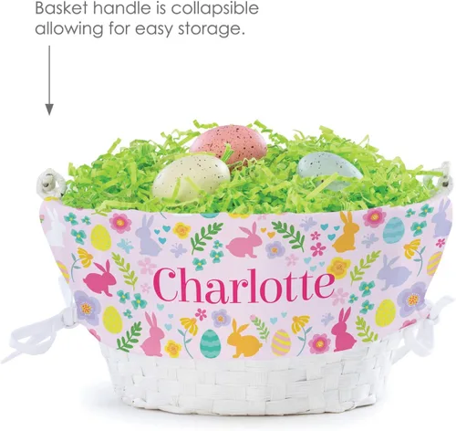 Miniatura 6 de Cesta de huevo de Pascua personalizada con diseño de flores de conejo con asa y nombre personalizado, forros de canasta de Pascua rosados, canasta