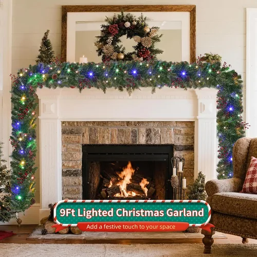 Miniatura 7 de Guirnalda de Navidad con luces de 9 pies, guirnalda de Navidad iluminada, funciona con pilas, 8 modos de iluminación, 50 luces LED, guirnalda