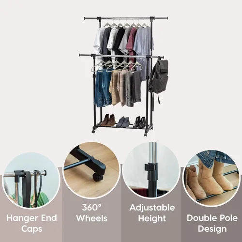 Miniatura 3 de IRIS USA Perchero portátil de doble barra ajustable con barra extensible y ruedas con bloqueo, ropa rodante, armario de doble barra, fácil