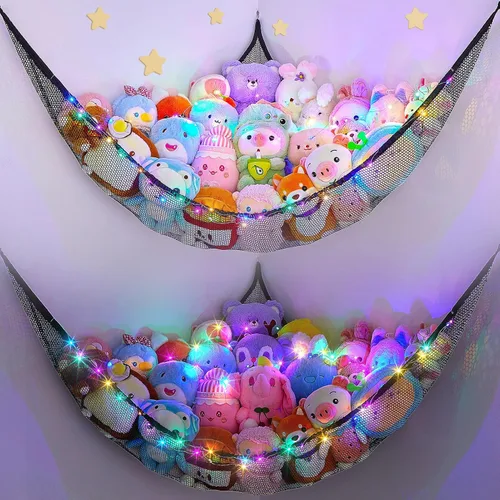 Miniatura 25 de Unicorn Castle Red de animales de peluche o hamaca organizador de almacenamiento de juguetes para niños con luz LED colgante en esquina soporte